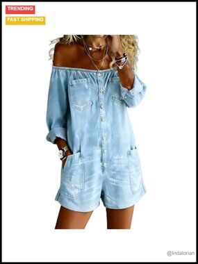 Vintage Denim Short Jumpsuit Off Shoulder Button Down Loose Fit Jean Romper